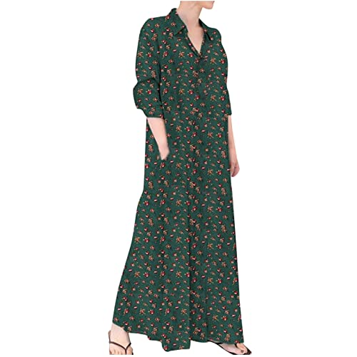 Ewleguzka Women Dresses Plus Size Cotton Linen Maxi Dress with Pockets Long Sleeve Lapel Spring Autumn Linen Dresses Boho Floral Print Flowy Long Dress for Work,Vacation,Daily, S-5XL