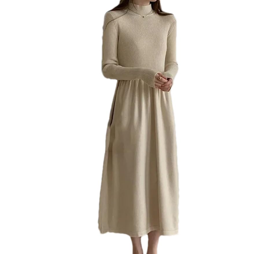 Robe midi en tricot à col roulé pour femme - Style vintage - Ample - Manches longues - Dentelle