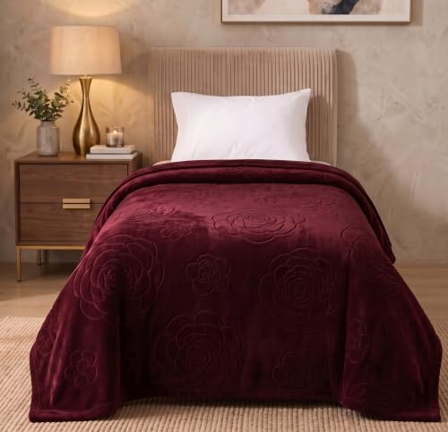 Image of VAS COLLECTIONS 280 GSM Micromink Blanket, Premium Soft Warm Cozy Blanket, Plush Double Bed Blanket, Ultra Soft Comfortable Bedding, Embossed Floral Design, 40 x 80 Inches (103 x 205 cm) - Wine Red