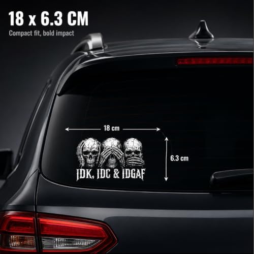 IDK, IDC & IDGAF Skull-Themed Car Decal, 3PC Funny Waterproof Vinyl Skeleton Car Sticker, Sarcastic Quote Decals for Laptop, Car, Truck, Window,6pc - 2