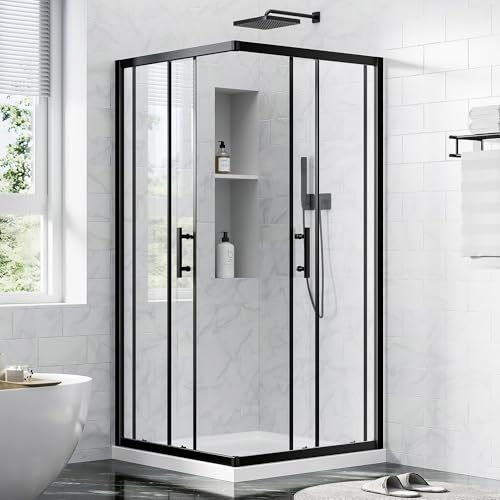 36 D x 36 W x 72 H Corner Double Sliding Shower Door 4 Glass Panels 1/4 (6mm) Clear Tempered Glass with Anti-Explosion Film Black Frame Shower Enclosure Without Back Wall & Base