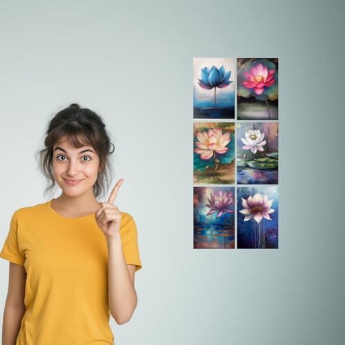 Image of Elegant Lotus Flower Art Print Set - Set of 2-4x6 Inch - Board (Pack of 6) - Sticker (Pack of 6) Wall Room Decoration art Poster Prints