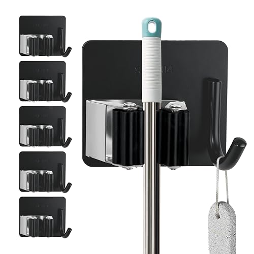 ZoiNavyer 5 Pack Mop and Broom Holder Wall Mount, Stainless Steel Mop and Broom Hanger with Hooks, Mop Broom Organizer for Closet Laundry Garage Garden Tool Organizer (Black)