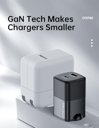 Image of Costar 65W GaN Dual Port Fast Charger QC /PD, 2 in 1 USB & Type C Fast Charger Adapter for Laptop, Lenovo, HP, Asus, Dell, MacBook, iPhone Series, Samsung Galaxy /Note, and Android Devices, Black