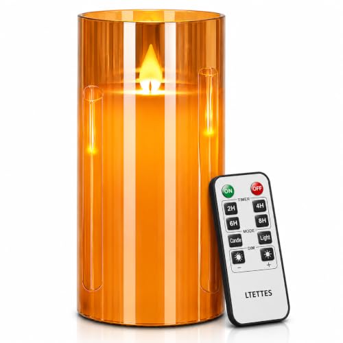 Image of Flameless LED Pillar Candle with Glass Cup | Real Wax | Amber Glass Finish | Flickering Wick Effect | Remote with Battery Operated | D-3 inch x H-6 inch | Decorative Candle for Home Decor, Festive & Gifting