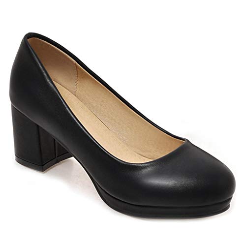 MIOKE Women's Round Toe Chunky Mid Heel Pumps Slip-On Platform Comfort Casual Formal Work Office Shoes