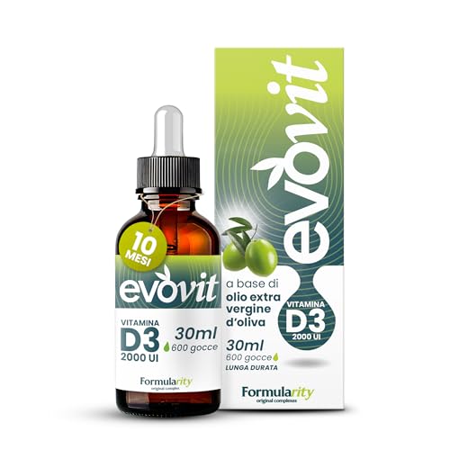EVOVIT VITAMINA D3-10 Mesi di Durata - In Olio Extravergine d'Oliva Italiano Spremuto a Freddo - Integratore Naturale ad Alta Biodisponibilità -Senza Zuccheri, Glutine, Lattosio, 30ml- Made in Italy