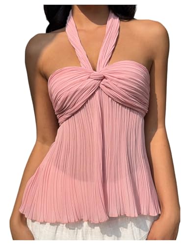 SOLY HUX Women's Twist Front Halter Top Open Back Sleeveless Y2k