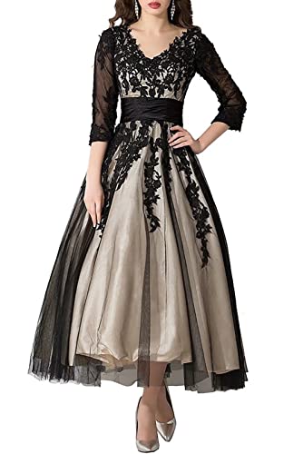 DELEND Frauen Spitze Tüll Ballball Abendkleider Spitze Applikationen Tee-Länge Ball Kleider 3/4 Ärmel Hochzeit Party Kleid A-Linie Formale Party Abend Kleider Cover