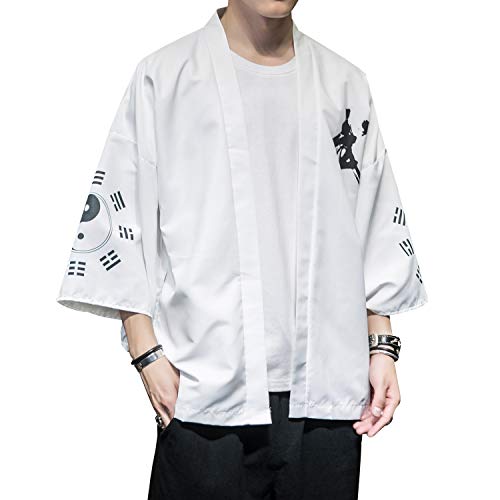 Image of Men's Japanese Kimono Robe Jacket Lightweight 3 /4 Sleeve Open Front Yukata | Silky Smooth Fashion Print Happi Coat Lightweight Breathable Loose Unisex Haori Casual Summer Cardigan Daily Beach Vacation