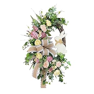 ZZHFC Rustieke konijnenkrans voor toegangsdeur, paashazen, voor buitendeur, lentekrans, bloemenpatroon, rustieke…