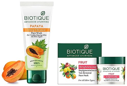 Image of Biotique Bio Papaya Visibly Flawless Skin Face Wash For All Skin Types, 150ml And Biotique Bio Fruit Whitening And Depigmentation & Tan Removal Face Pack, 75g