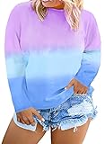 Happy Sailed Womens Plus Size Round Neck Long Sleeve Colorblock Tie Dye Printed Lightweight Sweatshirt,1X Purple