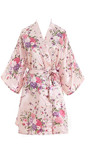 V Vaborous Women's Floral Satin Robes Short Bridesmaid Robes Silk Sleepwear,Floral Pink,S/M