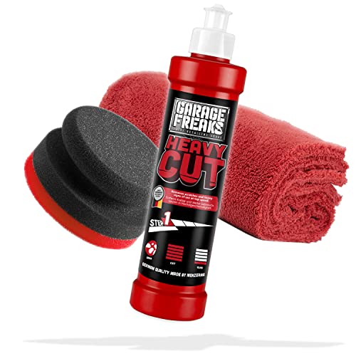 Garage Freaks Hand Polish Set – Step 1: Heavy Cut Sanding Polish 250 ml – Removes Scratches and Signs of Use + Manual Polishing Sponge + Edgeless Microfibre Polishing Cloth – for Optimal Polishing