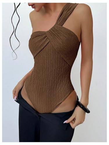 OYOANGLE Women's Textured One Shoulder Twist Front Ruched Bodysuit Sleeveless Tank Top Body Suits3