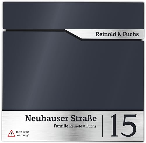 Manschin-Laserdesign Briefkasten in Anthrazit RAL 7016 mit Zeitungsfach, individuell personalisierbar auf Edelstahl V2A Namensschild, Wetterfest, Robust, Wandbriefkasten mit Firmenlogo