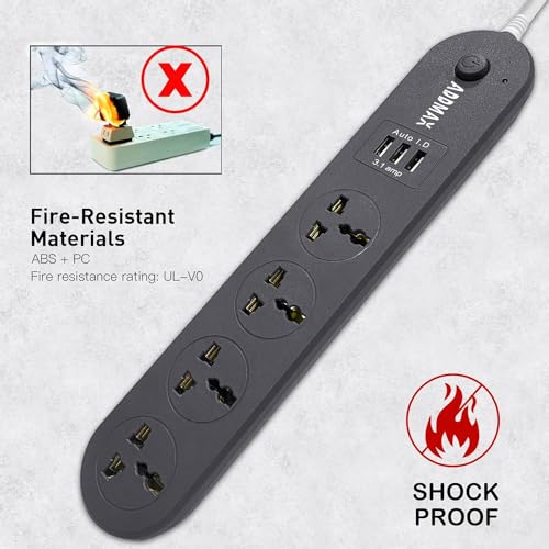 Image of ADDMAX Extension Cord with USB - 4 Socket Power Strip with 3 USB Ports | 3 Meter Heavy Duty Cord | 10A 220V Multi Plug Extension Board | Fire Flame Proof Surge Protector for Home & Office - Dark Grey