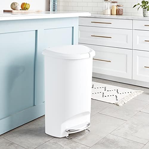 simplehuman CW1356 50L Semi-Round Kitchen Pedal Bin with Lid Lock, Silent Soft Close Lid, Strong Steel Pedal, Stay-Open Lid, Large Capacity, White Plastic