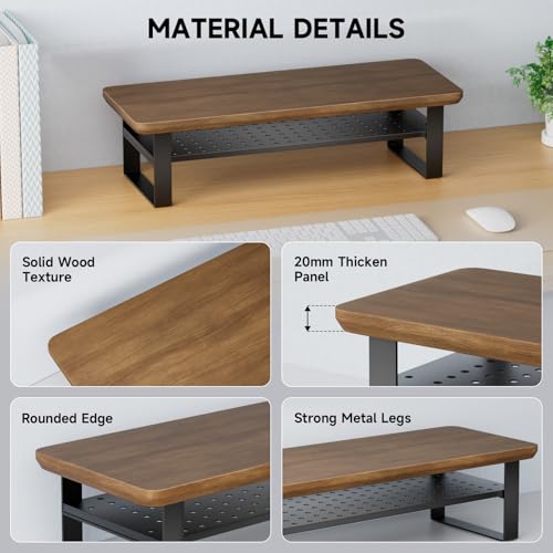Image of Monitor Stand Riser, 24 Inch Computer Monitor Stand for Desk, 2-Tier Wood Desk Shelf Organizer with Storage, Desktop Stand for Laptop /Screen /PC /Printer, Ergonomic Home Office Monitor Stand