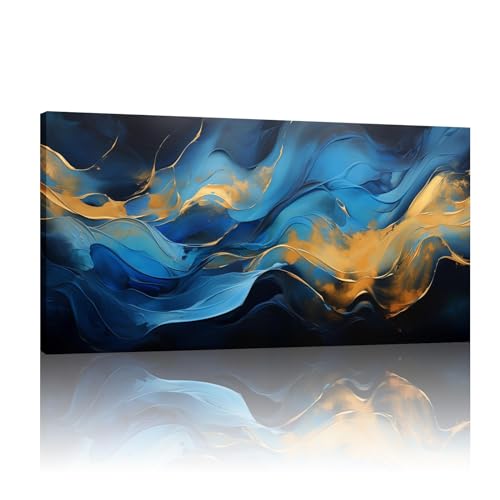 Toile murale encadrée pour salon tableau vertical bleu doré 40x90 cm