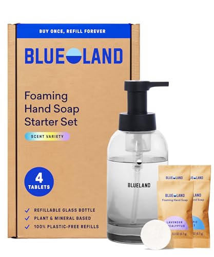 BLUELAND Hand Soap Starter Set 1 Refillable Glass Foaming Hand Soap Dispenser in Slate with 4 Refill Tablets Variety Scents 4 x 9 Fl oz