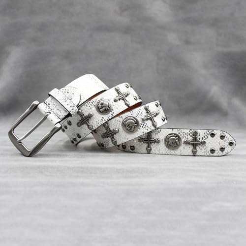 Western Studded Belt for Women Men, Engraved Cross Skull Head Round Rivet Shining Sequin Leather Punk Waist Strap(105cm/41, White)2