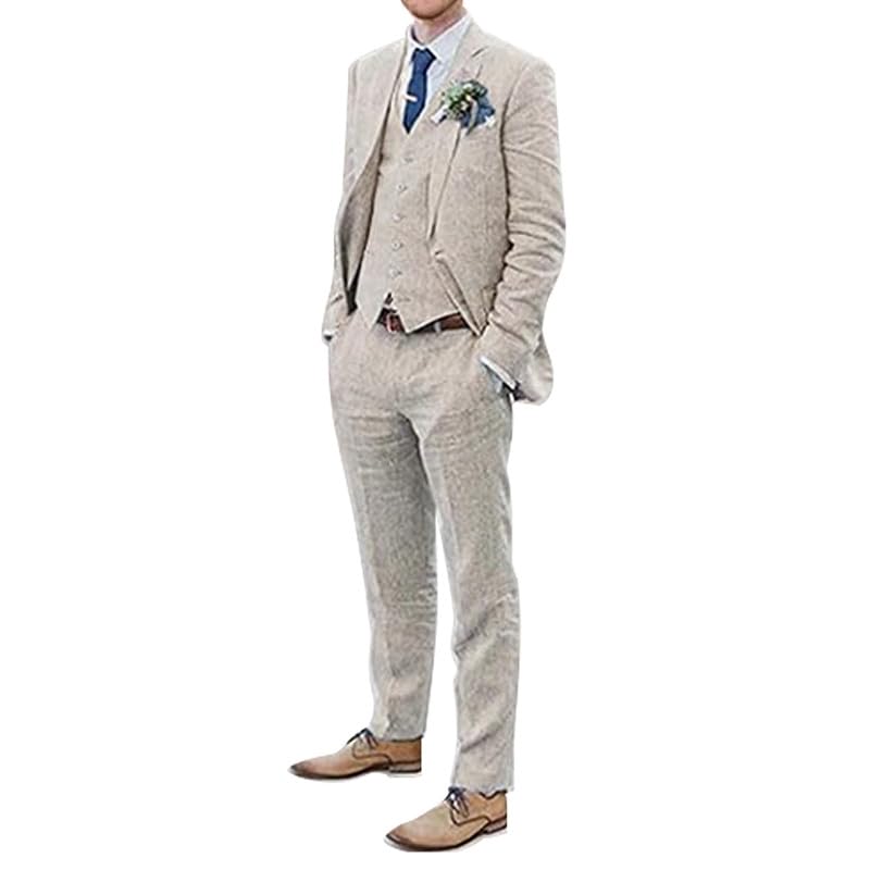 Men's 3 Pieces Linen Suit Set Beach Wedding Blazer Vest Pants Set Casual Lightweight Summer Slim Fit Tuxedo Suit2