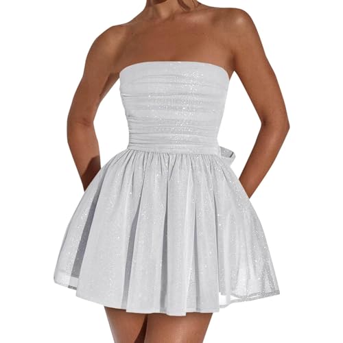 Robe Bustier Femme Sexy, Mini Robe Femme en Tulle sans Manches Epaules Dénudées Taille Haute Couleurs Unie Bandeau Dress Chic Et élégante Coupe AjustéE...