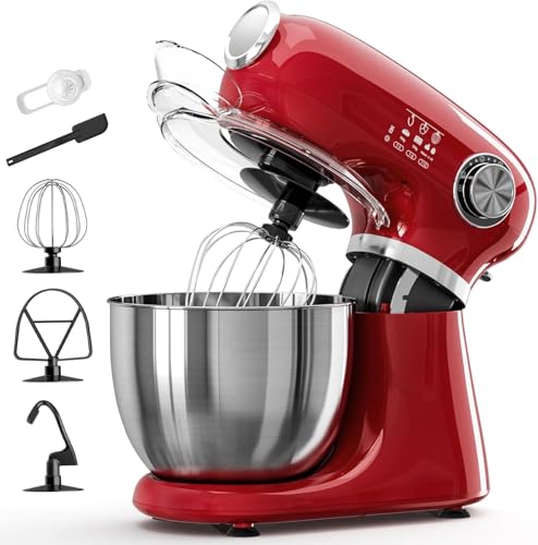 Kismile Stand Mixer, 5.5-Quart Electric Mixer with 12 Speeds, Tilt-Head Design & Stainless Steel Bowl – Includes Dough Hook, Whisk, Beater – Powerful Baking Mixer for Cakes, Bread, Dough (Red)