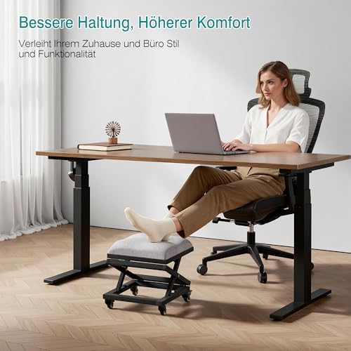 VECELO Fußhocker mit X-Bein, Quadratischer Polsterhocker aus Leinenstoff, 3‑fach höhenverstellbar, mit 360° Drehrollen, Relaxhocker für Wohnzimmer und Eingangsbereich, Schwarz