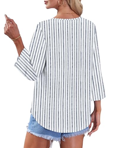Image of OFEEFAN Button Down Shirts for Women 3 /4 Length Sleeve Tops V Neck Blouses Business Casual Outfits Loose Fit