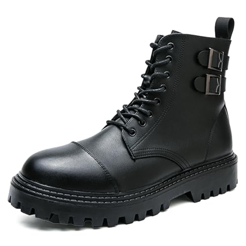 Men's Leather Platform Motorcycle Boots with Side Zipper Fashion Chunky Lug Sole Lace Up Combat Boots Casual Waterproof Biker Boots