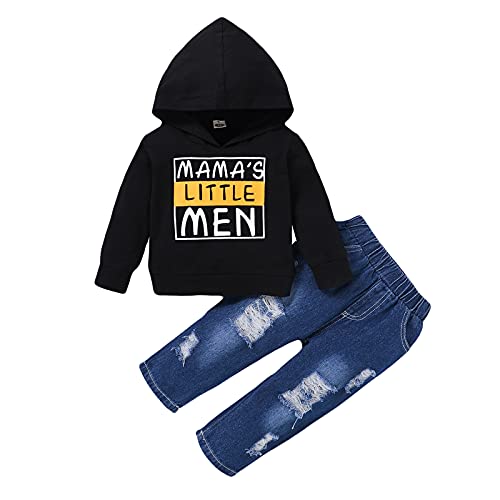 Image of Toddler Baby Boys Clothes Letter Print Hoodie Sweatshirt & Jeans Clothes Set Fall Winter Outfits Set (Blackb, 12-18 Months)