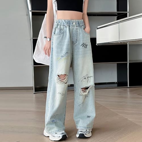 Girls Jeans Ripped Elastic Waist Wide Leg Baggy Denim Pants Teen Cute Graphic Clothes with Pockets Y2K Streetwear2
