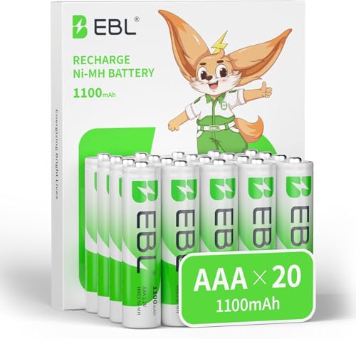 EBL Lot de 20 AAA Piles Rechargeables NI-MH 1100mAh Haute Capacité, 1.2V HR03 Piles AAA Rechargeables avec Boîte de Stockage de Piles