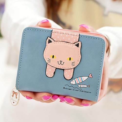 Women's Small Wallet with Cute Cat Pattern – Card Organizer Clutch Purse & Coin Holder (Blue)4