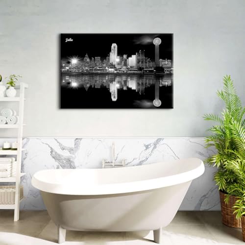 Image of Nature Cityscape Wall Art for Bathroom Dallas Skyline Wall Decor USA City Canvas Painting Black and White Skyscrapers Cityscape Framed Posters Night Scene Large Artwork Modern Home Decorations 32x48 inch