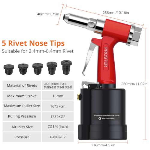 Image of Proster Pneumatic Rivet Gun Air Riveters 3924LBF 5 Nozzles 3 /32 inch-1 /4 inch