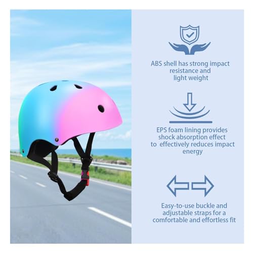 Image of Color Gradient Adjustable Kids Bike Helmet with Knee & Elbow Pads Set | Multi-Sport Safety Gear for Boys & Girls Ages 5-14 | Skateboarding, Scooters, Roller & Inline Skating, Longboarding
