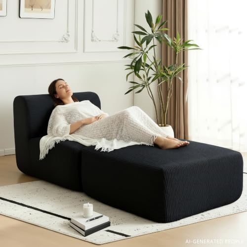 Image of Armless Chair with Ottoman, Modern Corduroy Convertible Cloud Couch