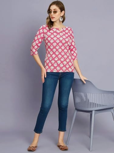 Image of Pinkmint Women's Printed Cotton Blend Short Kurti l All Over Printed V-Cut Neckline Casual Wear Tunic Top's l Ethnic Top's for Girls