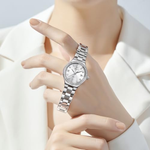 Image of OLEVS Watch Women Silver Watch for Women Luxury Diamond Womens Watches for Small Wrist Stainless Steel Waterproof Analog Quartz Date Elegant Reloj para Mujer