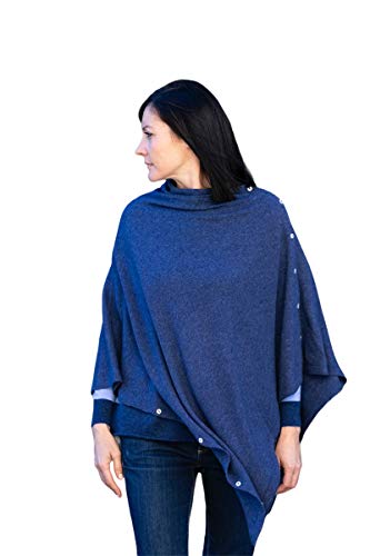 Poncho Boutons Cachemire Mélange Femme Fabriqué En Italie Laine Mérinos Cashmere Noir Beige Blanc Bleu Gris Tricot Châle Taille Unique Vêtements Hiver Multifonctionnels - Bleu - Taille Unique Cover