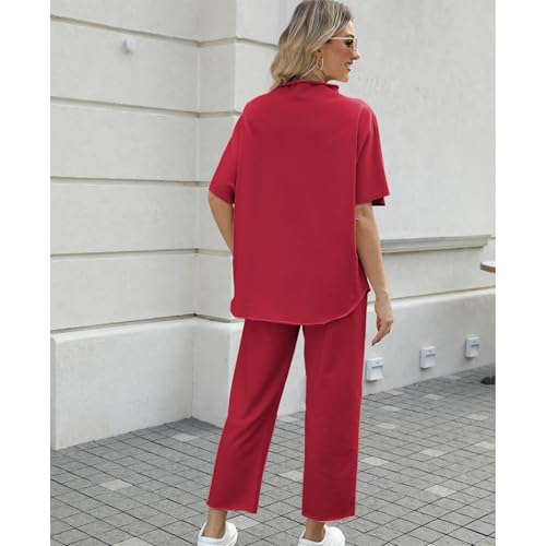 Image of SeeLuNa Women's Two Piece Outfits 3 /4 Batwing Sleeve Capelet Crew Neck Pullover Top Wide Leg Pants Lounge Set