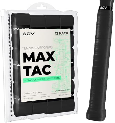ADV MaxTac Tennis Overgrip, Tacky Moisture-Wicking Grip (Black, 12-Pack)