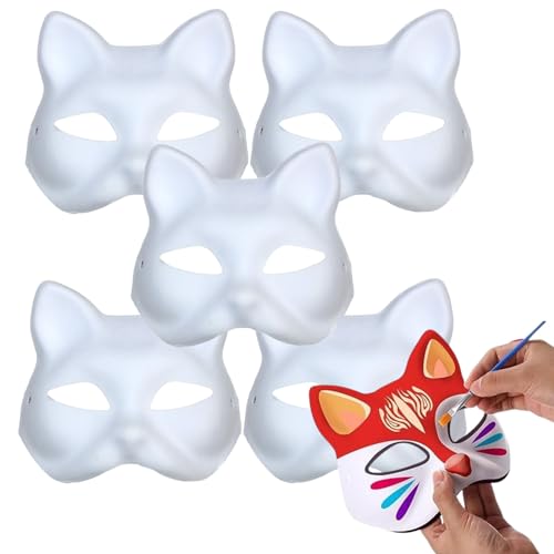 5 Stück DIY Katzenmaske,Handgemalte Fuchs Maske,Therian Mask Weiß, Karneval Maske Maskenball,Party Maske Unbemalt Katze Masken Fuchsmaske,Cosplay Masken Kostüm Maske Leere Maske lustige Tiermasken