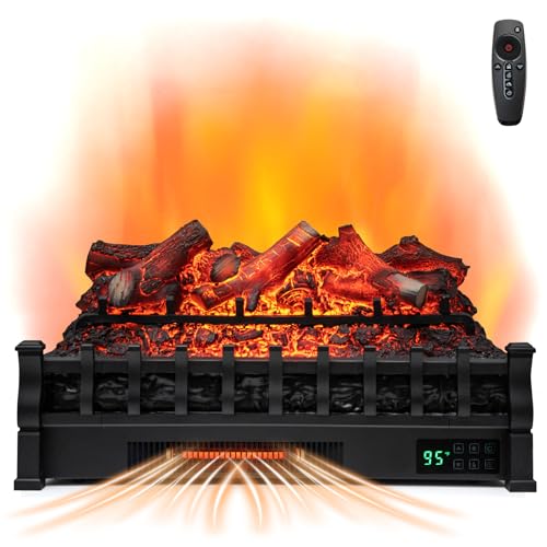 COSTWAY Eternal Flame Electric Fireplace Log, Lemonwood Ember Bed, 26-inch Infrared Electric Fireplace Heater Insert with Remote and Thermostat Control, 8H Timer, 5 Flame Modes & Brightness, 1500W