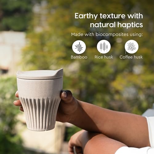 Image of Eha Earth Friendly Rafter Coffee Mug with Lid | Tea Cup Set | 300 ml | Made with Rice Husk | Microwave Safe Mugs for Gifting | 2 Unit | Sand Castle