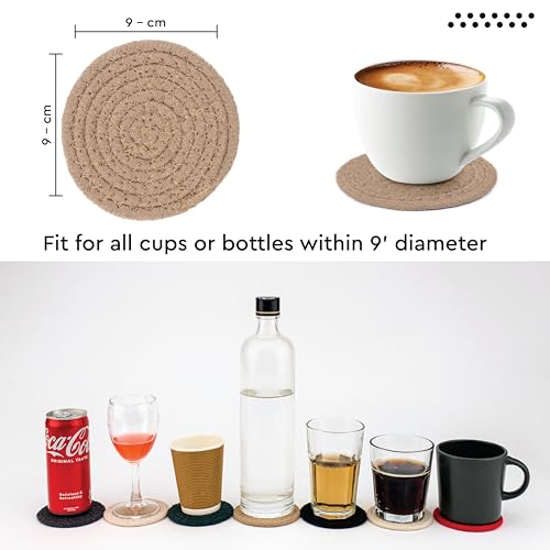 Image of Encasa XO Drink Coasters Set of 6 | Beige with Round (9 cm) | Handcrafted Ribbed Cotton | Absorbent & Heat-Resistant | Use for Tea, Coffee Table & Desk